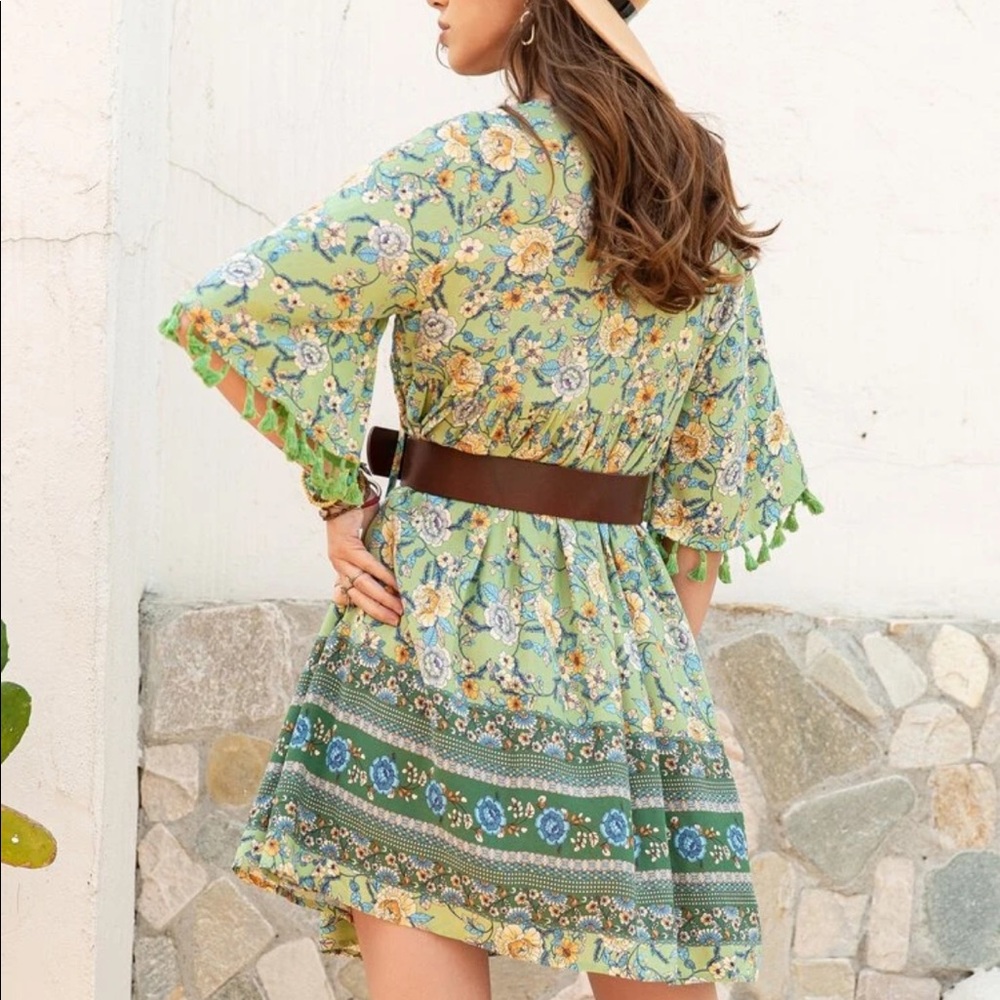 Boho floral print fringe trim dress- BLUE - Picture 8 of 14